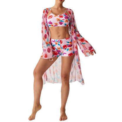 Bikini split three piece flat corner printed floral cover swimsuit