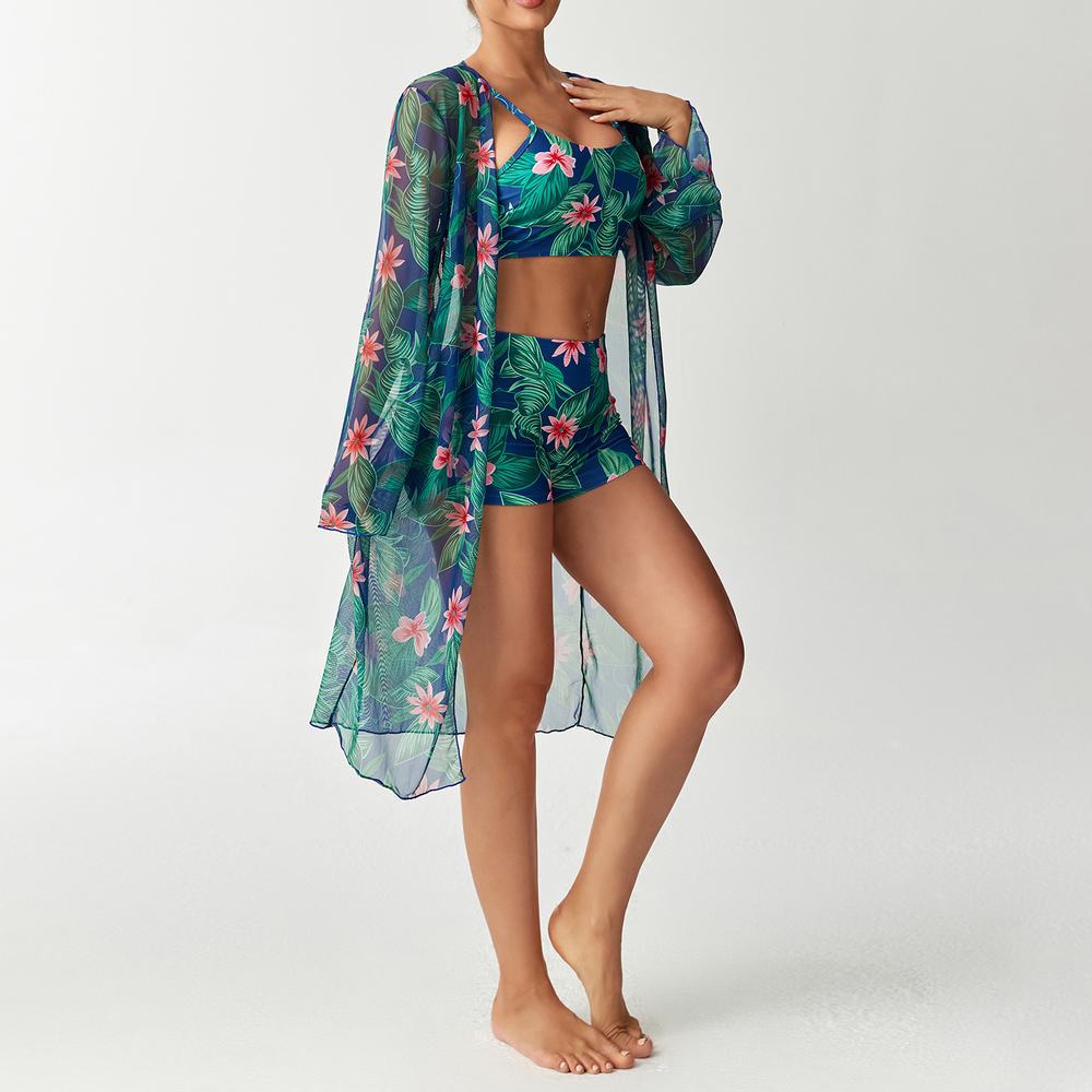 Bikini split three piece flat corner printed floral cover swimsuit