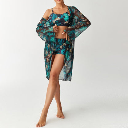 Bikini split three piece flat corner printed floral cover swimsuit