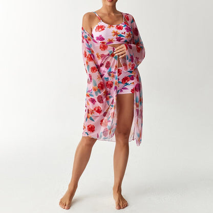 Bikini split three piece flat corner printed floral cover swimsuit